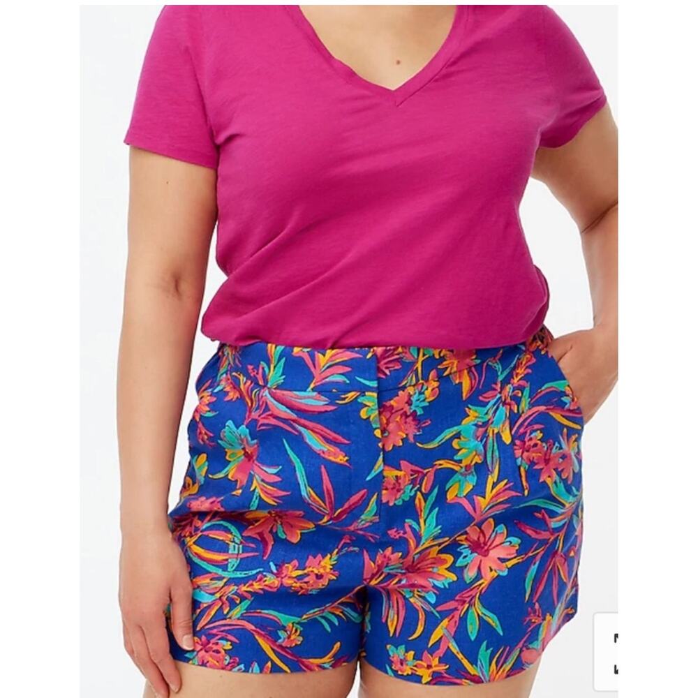 J Crew Blue Floral Linen Blend Chino Shorts Sz 16  Pockets Beach Comfy